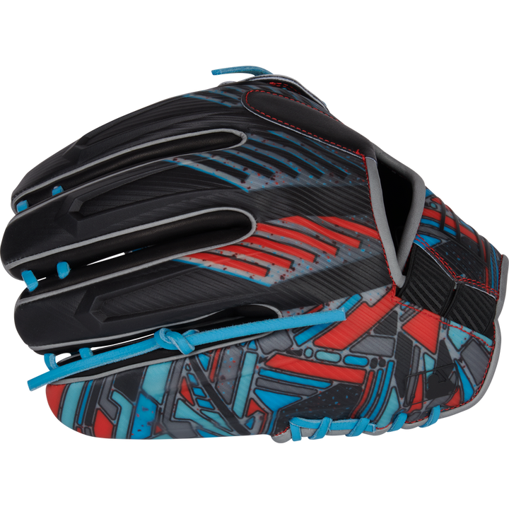 A Rawlings REV1X 11.75" Baseball Glove (REV205-6B) features a black Heart of the Hide leather shell, vibrant red, blue, and gray abstract patterns, blue laces, and red stitching, shown from the side against a plain background.
