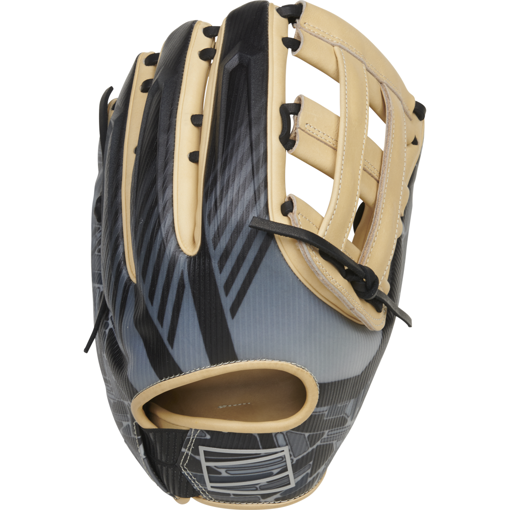 A Rawlings REV1X 12.75" Baseball Glove (REV3039-6) by Rawlings, featuring black and tan colors with angular back patterns, tan laces, and a partially open web, shown against a white background.