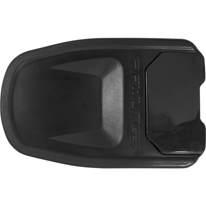 Black Rawlings jaw guard for R16 helmets, made of durable plastic and shown from above on a white background. Features an embossed Rawlings logo and matches the style of the Rawlings R16 Reverse Batting Helmet Extension (REVEXT).