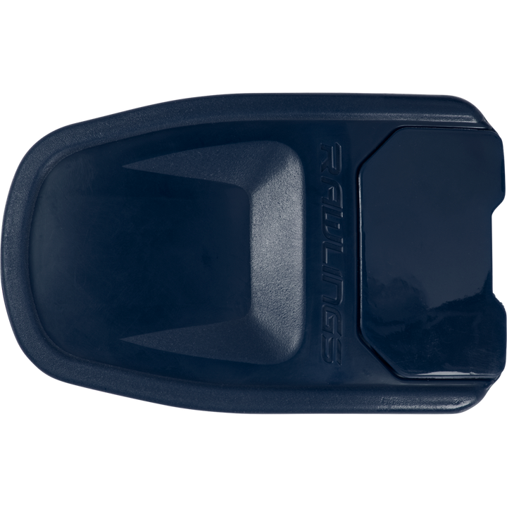 A dark blue plastic ball holder with the embossed Rawlings logo, ideal for matching with your Rawlings R16 Reverse Batting Helmet Extension (Jaw Guard): REVEXT.