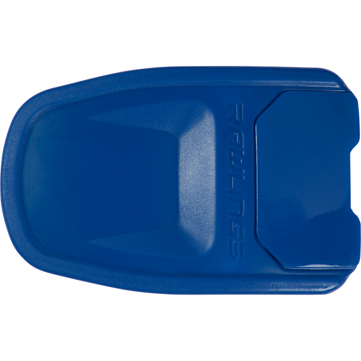 A blue plastic Rawlings sliding mitt, shown from above on a white backgroundâideal to pair with your Rawlings R16 Reverse Batting Helmet Extension (Jaw Guard): REVEXT for added protection.