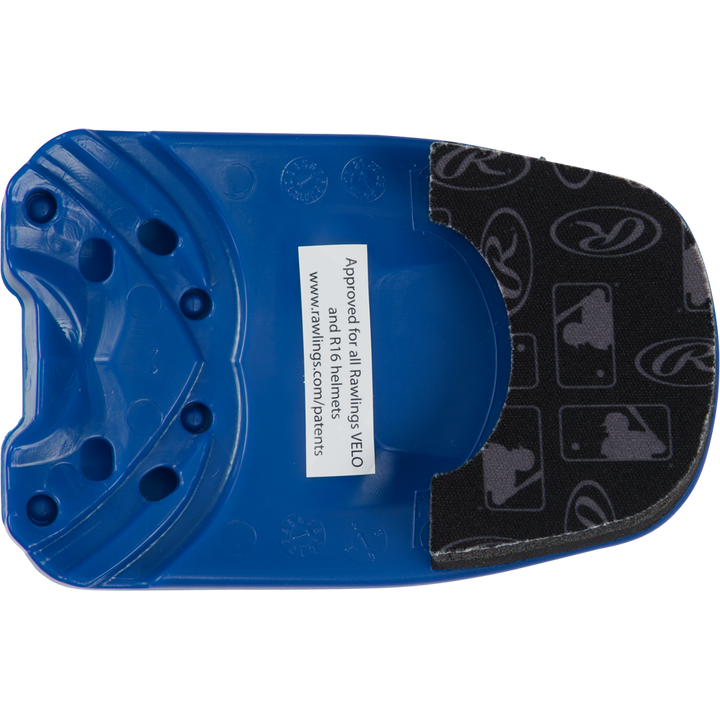 The Rawlings R16 Reverse Batting Helmet Extension (Jaw Guard): REVEXT is a blue plastic helmet attachment with a black padded jaw guard and white sports logos. Approved for all Rawlings VELO, R16, and 2018 helmet models.