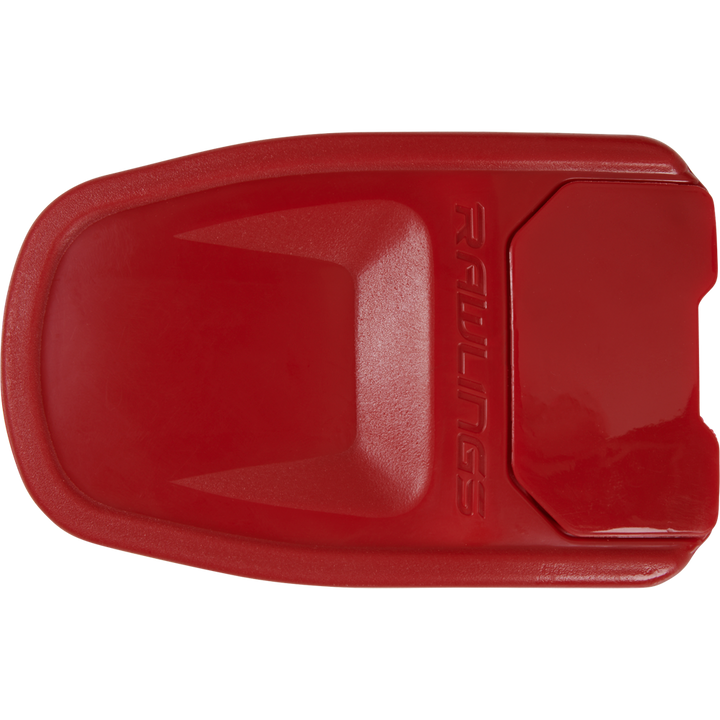 A red Rawlings plastic base for baseball or softball, shown from above with raised lettering and a textured surfaceâperfect to pair with Rawlings R16 Reverse Batting Helmet Extension (Jaw Guard): REVEXT.