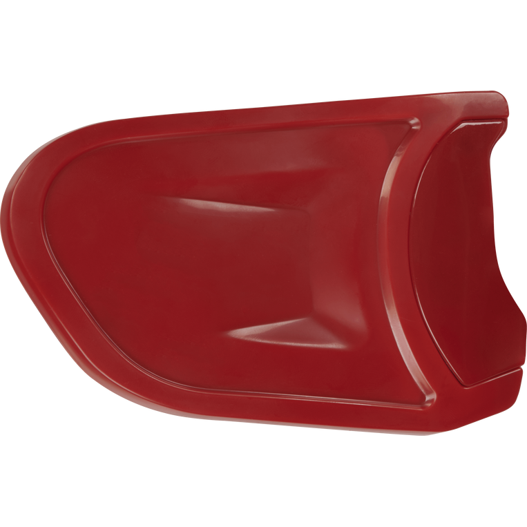 A red plastic snow shovel blade with smooth curves and a raised edge for pushing or lifting snow is shown isolated on white—its sleek design resembles the Rawlings Batting Helmet Extension (Jaw Guard): REXT by Rawlings.