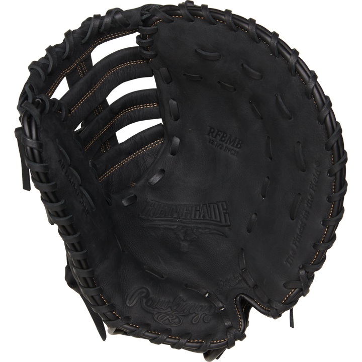 The Rawlings Renegade 12.5" Baseball First Base Mitt (RFBMB) features black leather, visible stitching, embossed brand details, a deep pocket, and wide webbing for confident catches.