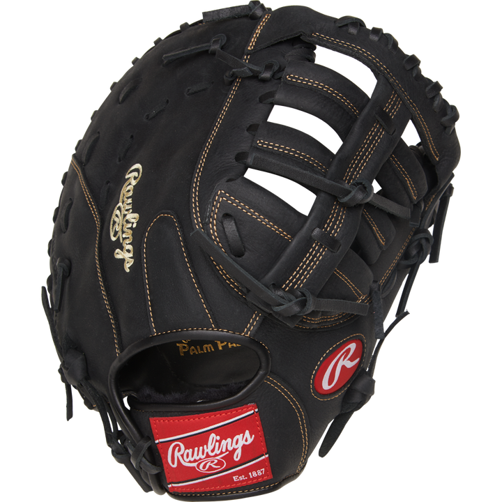 The Rawlings Renegade 12.5" Baseball First Base Mitt (RFBMB) features black leather, tan stitching and laces, a red-and-white Rawlings logo by the wrist, and gold "Palm Pad" embossing—a game-ready glove for serious players.