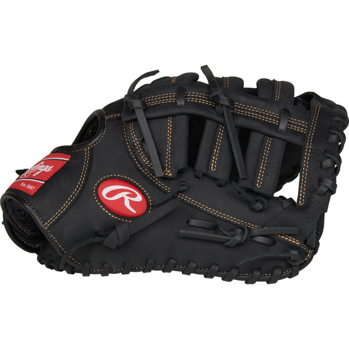 The Rawlings Renegade 12.5" Baseball First Base Mitt (RFBMB) is a black leather glove with tan stitching and a red Rawlings logo patch, shown on a white background.