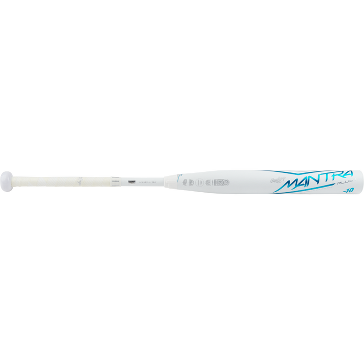 The 2023 Rawlings Mantra+ (-10) Fastpitch Softball Bat (RFP3MP10) features a white and blue design, "MANTRA" in blue on the barrel, a white grip handle, and PowerSync connection joint, shown against a plain white background.