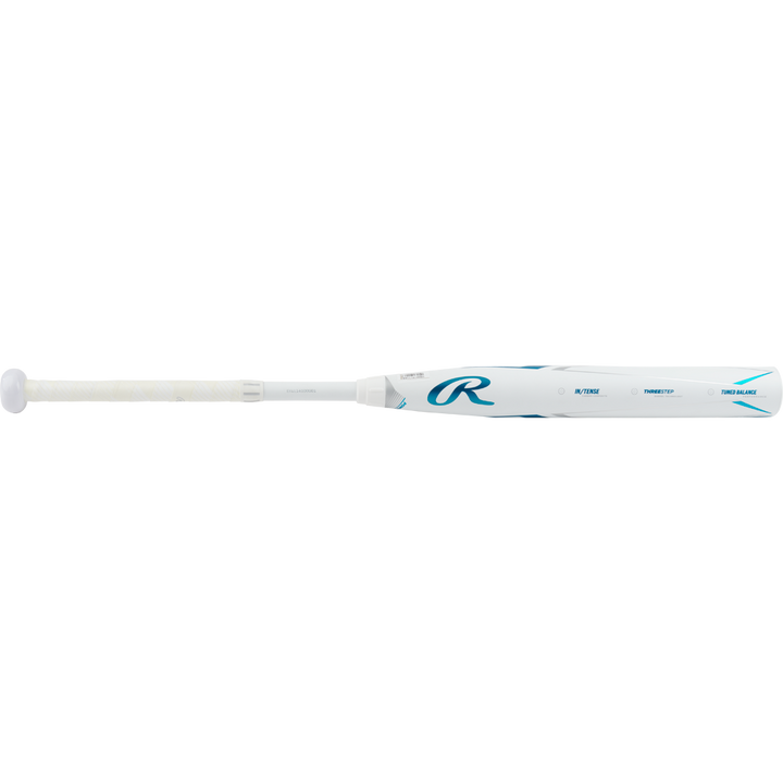 The 2023 Rawlings Mantra+ (-10) Fastpitch Softball Bat (RFP3MP10) is shown horizontally on a white background, featuring a white grip, blue accents, and the Rawlings logo near the barrel.