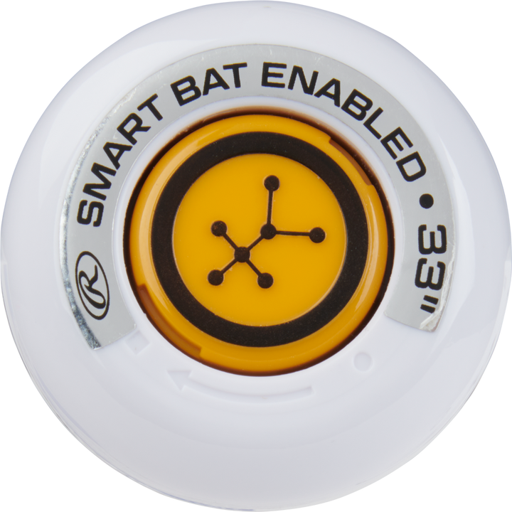 A close-up of a white and yellow SMART BAT ENABLED .33” device featuring a black network icon, designed for the PowerSync connection joint on the 2023 Rawlings Mantra+ (-9) Fastpitch Softball Bat: RFP3MP9 (USED).