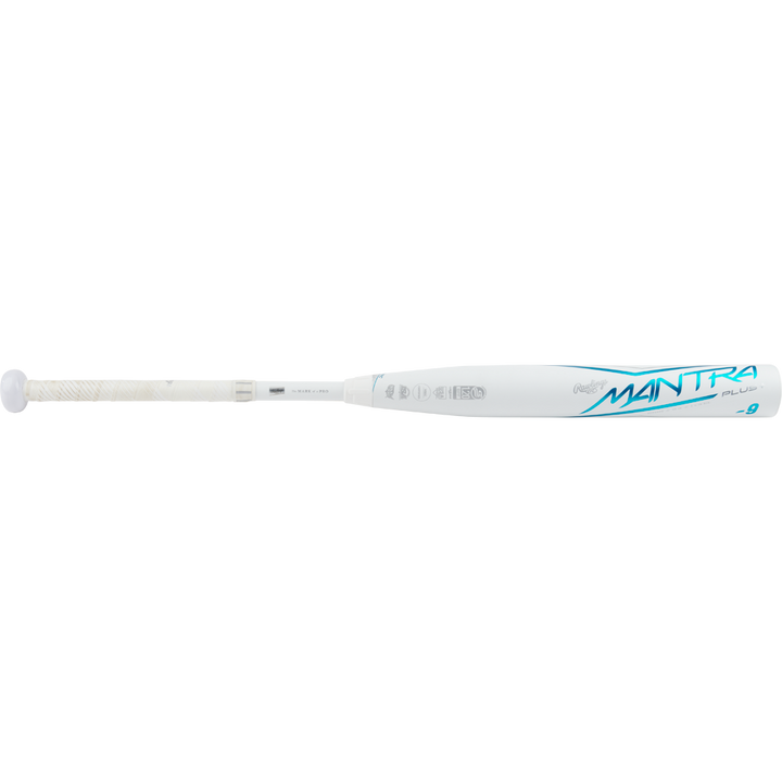 The 2023 Rawlings Mantra+ (-9) Fastpitch Softball Bat (RFP3MP9, USED) features a sleek white design with blue accents, PowerSync connection joint, and white grip—ideal for fastpitch softball play.