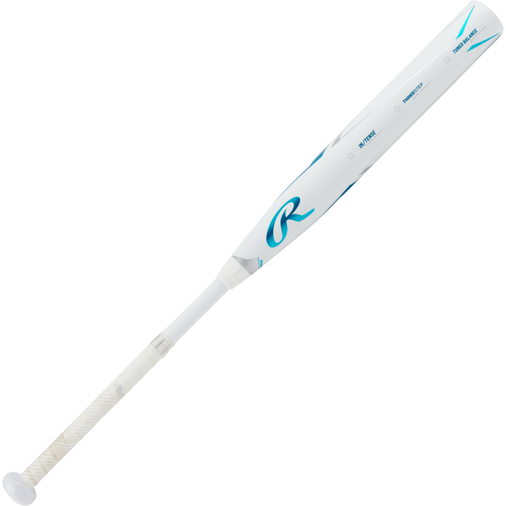 A used 2023 Rawlings Mantra+ (-9) Fastpitch Softball Bat (RFP3MP9) in white and blue, with a wrapped handle, PowerSync connection joint, and Rawlings branding, is shown against a plain white background.