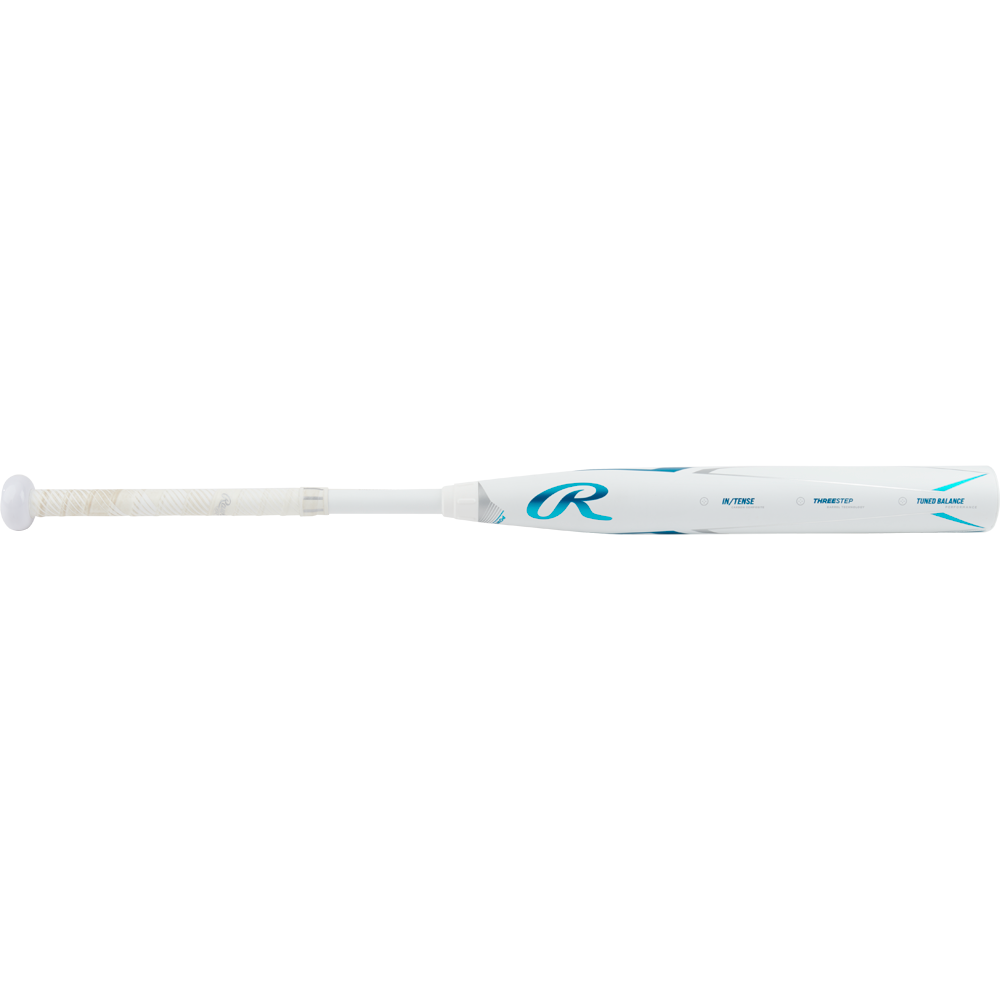 A used 2023 Rawlings Mantra+ (-9) fastpitch softball bat (RFP3MP9) in white and blue with a teal R logo, wrapped handle, blue barrel accents, and PowerSync connection joint, shown on a white background.