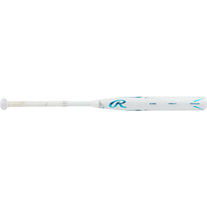 A used 2023 Rawlings Mantra+ (-9) fastpitch softball bat (RFP3MP9) in white and blue with a teal R logo, wrapped handle, blue barrel accents, and PowerSync connection joint, shown on a white background.
