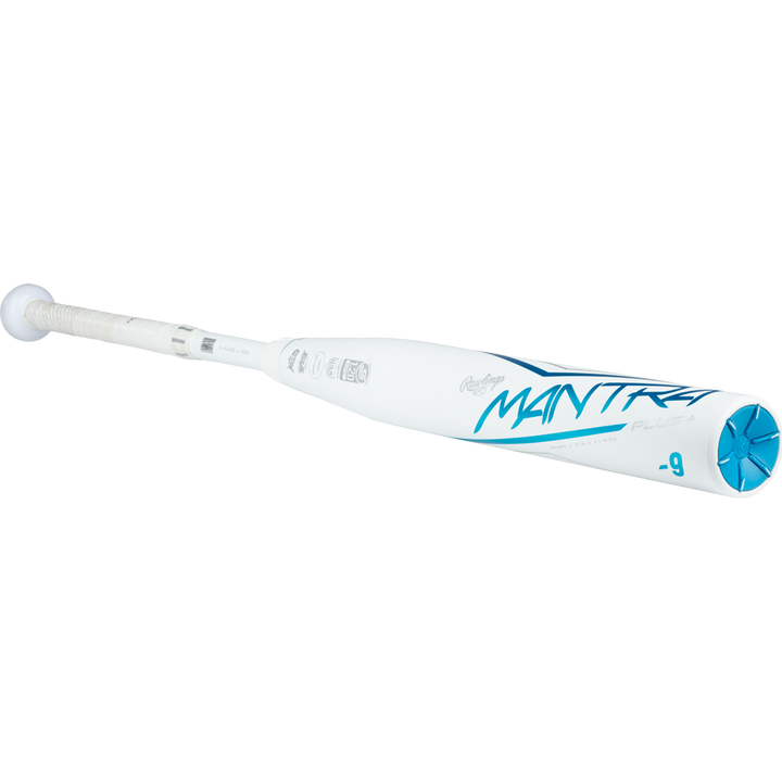 A used 2023 Rawlings Mantra+ (-9) Fastpitch Softball Bat (RFP3MP9) in white and blue, featuring "MANTRA" and "-9" on the barrel, white grip, blue accents, and PowerSync joint is shown against a plain light background.