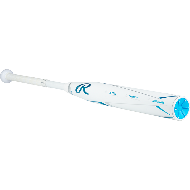 The 2023 Rawlings Mantra+ (-9) Fastpitch Softball Bat (RFP3MP9, USED) features a white design with blue accents, the R Rawlings logo, white grip tape, blue end cap, and PowerSync connection joint against a plain white background.