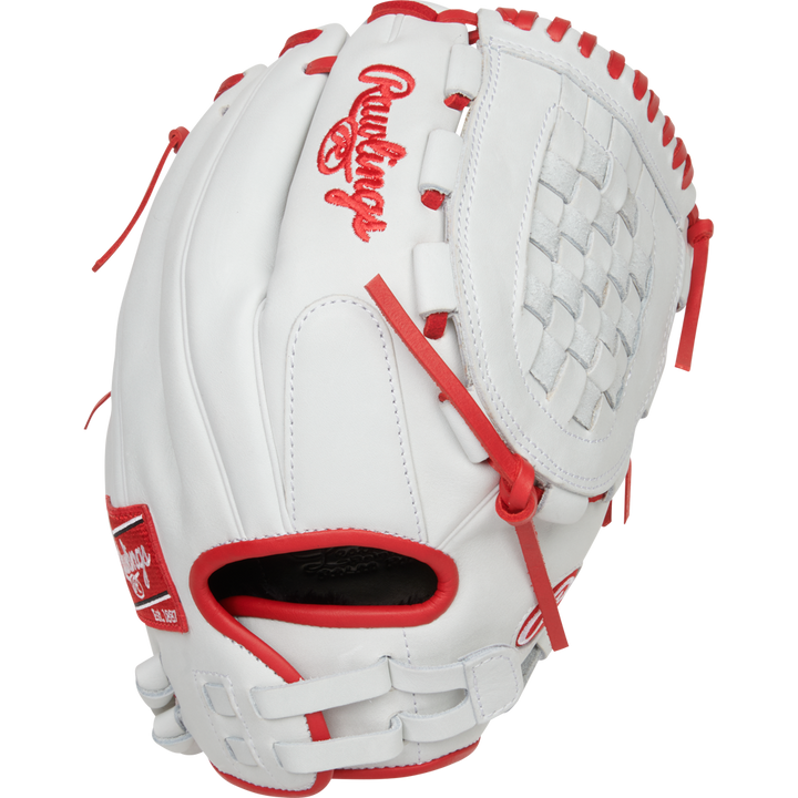 The Rawlings Liberty Advanced 12.5" Fastpitch Glove (RLA125-3S) is a white glove with red stitching and laces, woven web design, and visible Rawlings branding on the thumb and back.