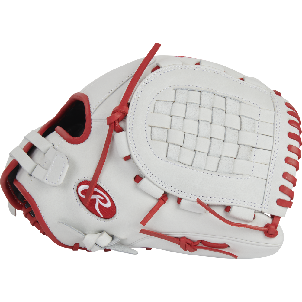 The Rawlings Liberty Advanced 12.5" Fastpitch Glove (RLA125-3S) is a white glove with red lacing and trim, a woven web, and a red Rawlings “R” logo—ideal for serious fastpitch softball players.