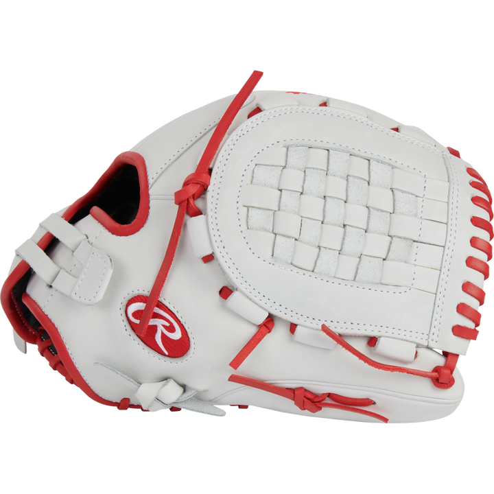 The Rawlings Liberty Advanced 12.5" Fastpitch Glove (RLA125-3S) is a white glove with red lacing and trim, a woven web, and a red Rawlings “R” logo—ideal for serious fastpitch softball players.