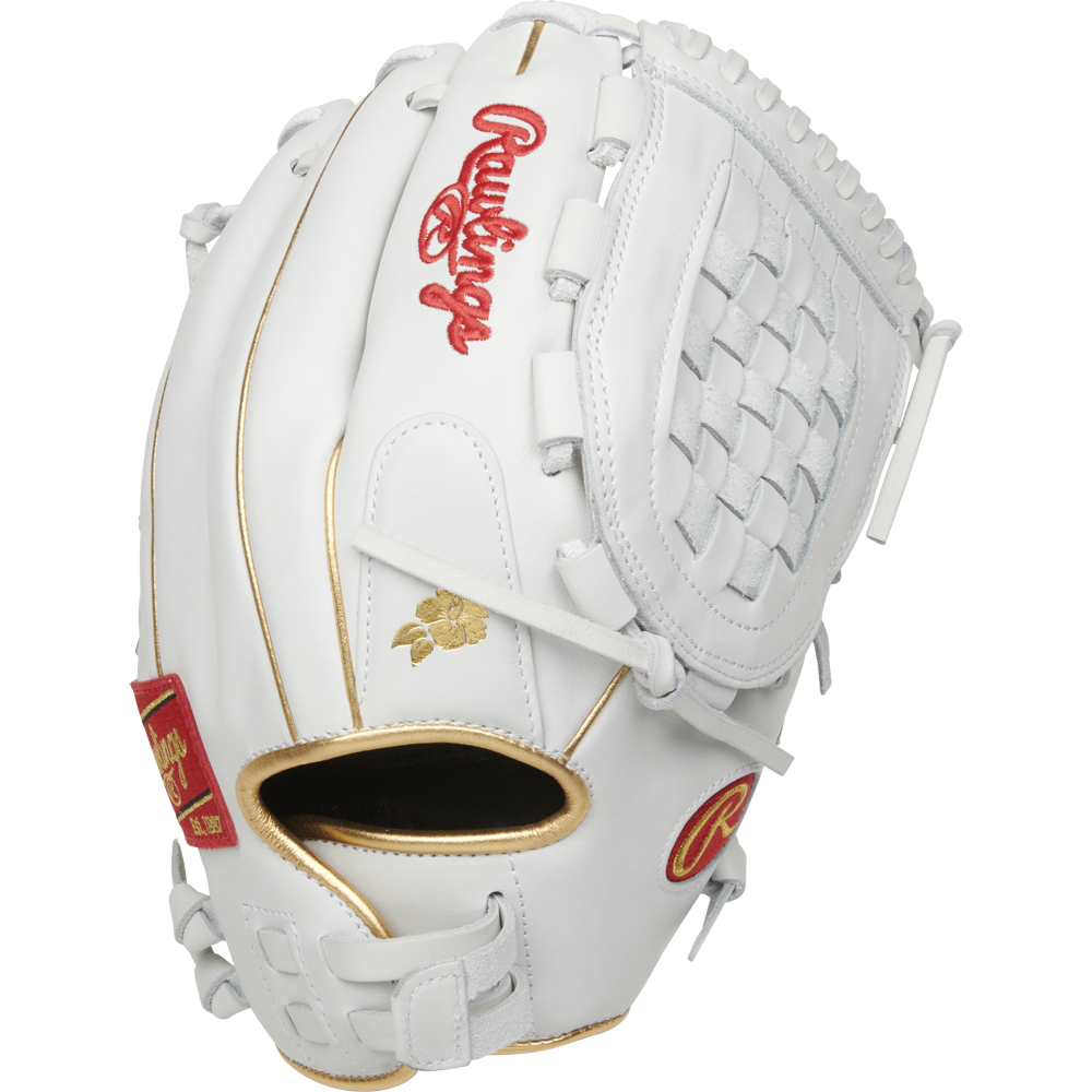 The Rawlings Liberty Advanced 12.5" Fastpitch Glove (RLA125KRG) is a white softball glove with gold accents, red Rawlings logos, woven web design, and detailed stitching.