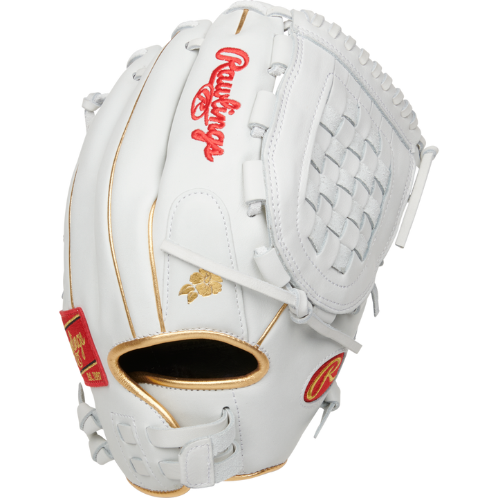 The Rawlings Liberty Advanced 12.5" Fastpitch Glove (RLA125KRG) is a white softball glove with gold accents, red Rawlings logos, woven web design, and detailed stitching.