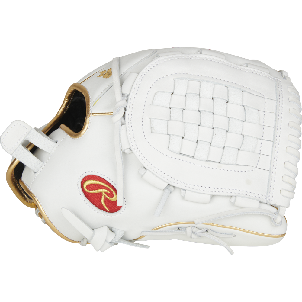 The Rawlings Liberty Advanced 12.5" Fastpitch Glove (RLA125KRG) features gold accents, a woven web, and a red Rawlings logo on the side, pictured against a plain white background.