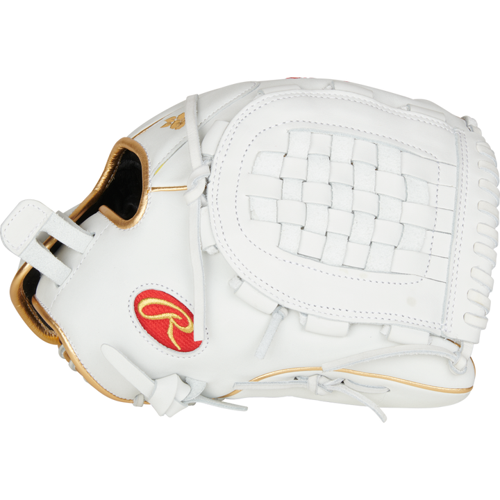 The Rawlings Liberty Advanced 12.5" Fastpitch Glove (RLA125KRG) features gold accents, a woven web, and a red Rawlings logo on the side, pictured against a plain white background.