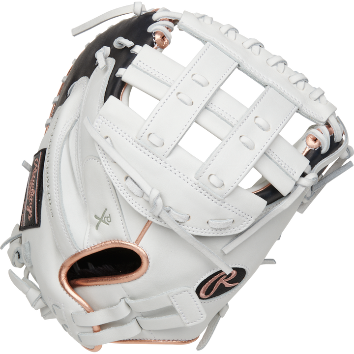 The Rawlings Liberty Advanced 33" Fastpitch Catcher's Mitt (RLACM33RG) features white leather with light gray and metallic rose gold accents, a large web, and standout stitching—crafted for top performance behind the plate.