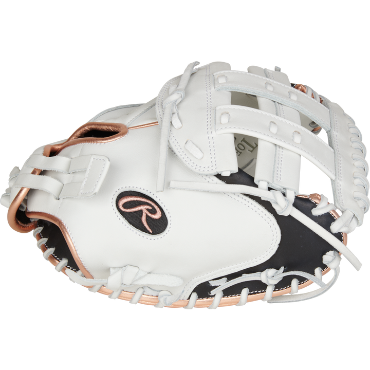 The Rawlings Liberty Advanced 33" Fastpitch Catcher's Mitt (RLACM33RG) is a white and black glove with gold accents, open web design, and visible stitching details.