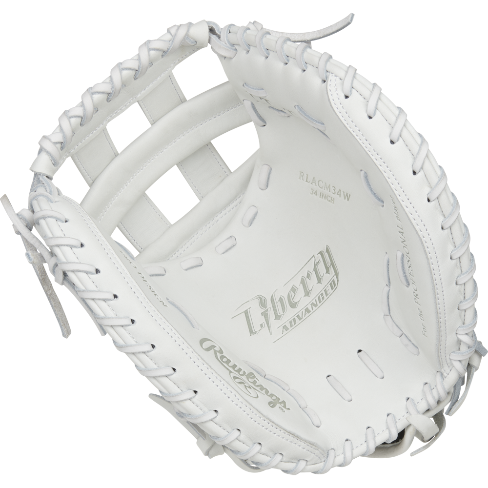 The Rawlings Liberty Advanced 34" Fastpitch Catcher's Mitt (RLACM34W) is shown from above, featuring a deep pocket, wide webbing, and detailed stitching. The Rawlings and Liberty Advanced logos appear inside the glove.