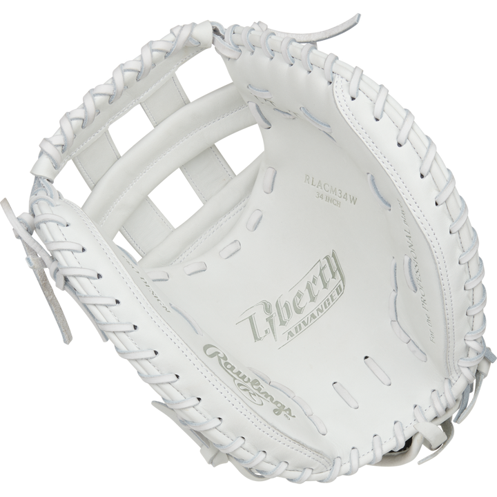 The Rawlings Liberty Advanced 34" Fastpitch Catcher's Mitt (RLACM34W) is shown from above, featuring a deep pocket, wide webbing, and detailed stitching. The Rawlings and Liberty Advanced logos appear inside the glove.