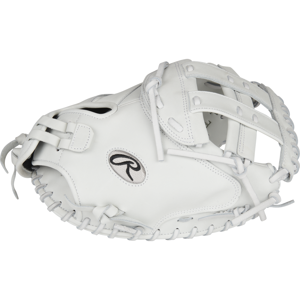A Rawlings Liberty Advanced 34" Fastpitch Catcher's Mitt (RLACM34W) in white leather with visible stitching and laces, featuring the Rawlings R logo on the palm, is displayed against a plain white background.