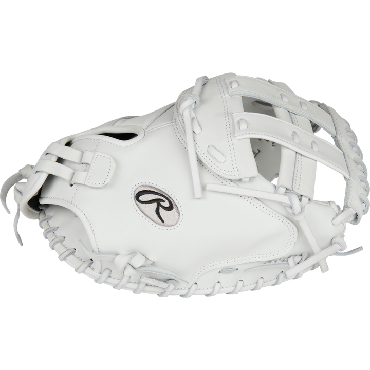 A Rawlings Liberty Advanced 34" Fastpitch Catcher's Mitt (RLACM34W) in white leather with visible stitching and laces, featuring the Rawlings R logo on the palm, is displayed against a plain white background.