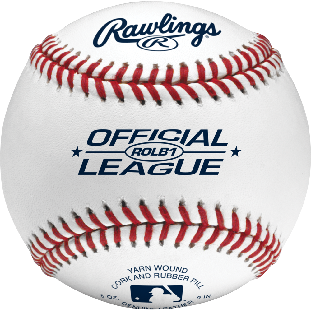 The Rawlings ROLB1 Official League Baseball features red stitching, blue "OFFICIAL LEAGUE" text, and the Rawlings logo on classic white leather—ideal for youth baseball.