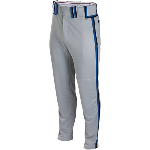 The Rawlings Adult Premium Plated Braid Baseball Pants (RP150) feature gray 2-way stretch polyester, blue and black side stripes, pro-style belt loops, and a blue, black, and white striped belt for comfort and mobility.
