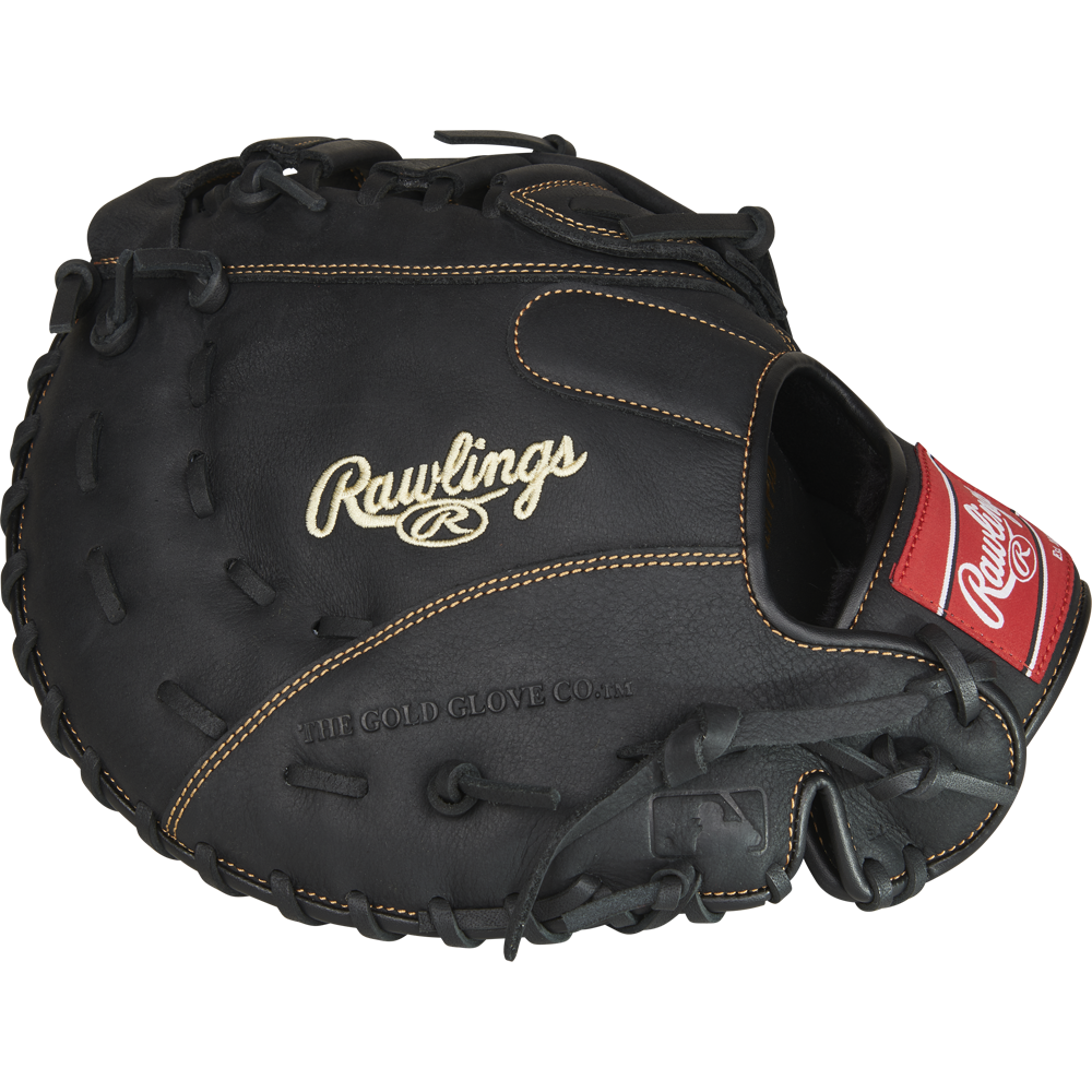 The Rawlings Renegade 12.5" First Base Mitt (RFBMB) is a black leather glove featuring tan stitching, a red Rawlings logo patch, and embroidered "Rawlings" and "THE GOLD GLOVE CO." on this game-ready mitt.