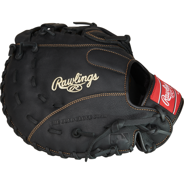 The Rawlings Renegade 12.5" First Base Mitt (RFBMB) is a black leather glove featuring tan stitching, a red Rawlings logo patch, and embroidered "Rawlings" and "THE GOLD GLOVE CO." on this game-ready mitt.