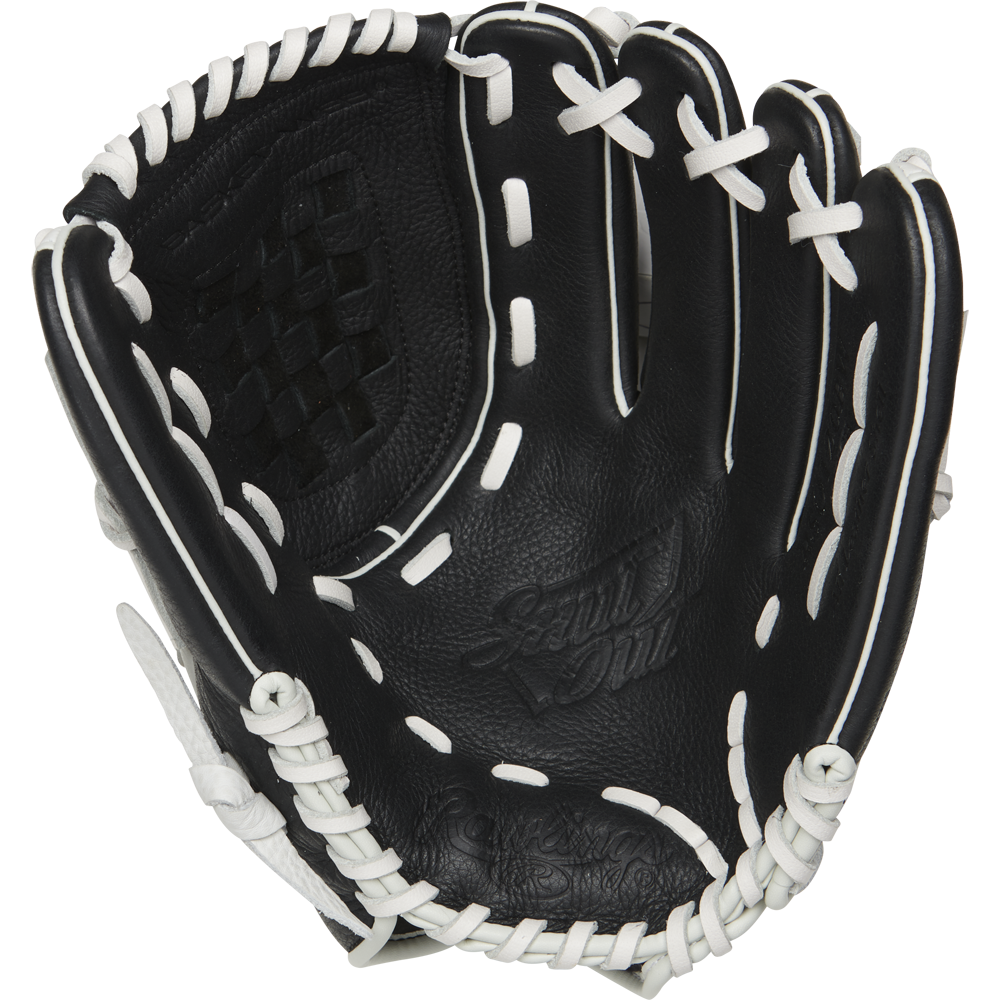 The Rawlings Shut Out 12" Fastpitch Glove (RSO120BW) features black leather with white laces, shown palm up to highlight intricate stitching—crafted by Rawlings for female athletes.