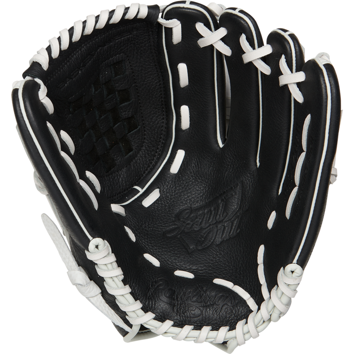 The Rawlings Shut Out 12" Fastpitch Glove (RSO120BW) features black leather with white laces, shown palm up to highlight intricate stitching—crafted by Rawlings for female athletes.