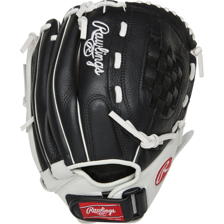 The Rawlings Shut Out 12" Fastpitch Glove (RSO120BW) features a black and white design with white stitching, a red Rawlings logo on the wrist strap, and is crafted for female athletes.