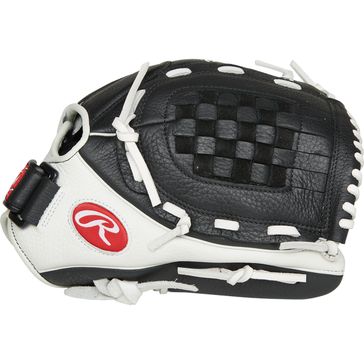 The Rawlings Shut Out 12" Fastpitch Glove (RSO120BW) features a black and white design, woven web, white laces, and the signature red Rawlings logo—perfect for female athletes who want style and performance.