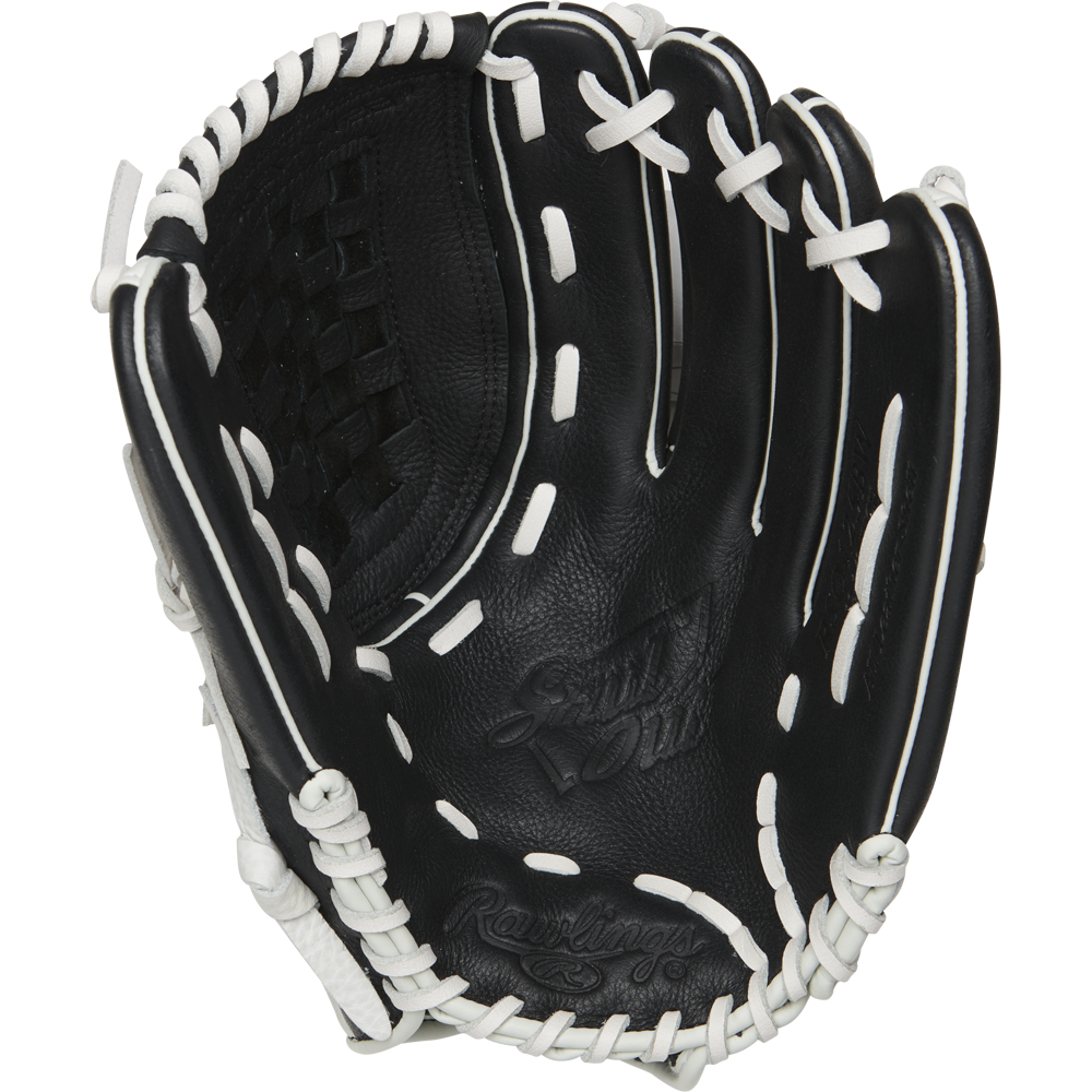 The Rawlings Shut Out 12.5" Fastpitch Glove (RSO125BW) is a black women's softball glove with white laces, featuring the Rawlings logo on the palm and a woven web pattern.