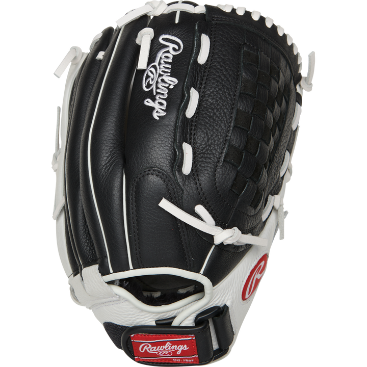 The Rawlings Shut Out 12.5" Fastpitch Glove (RSO125BW) is a black and white softball glove with white stitching and laces, featuring the Rawlings logo on the wrist strap and top of the glove.