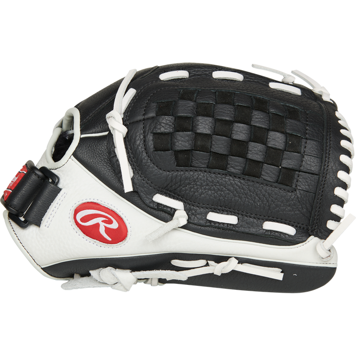 The Rawlings Shut Out 12.5" Fastpitch Glove (RSO125BW) is a black and white glove designed for performance and comfort.