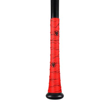Close-up of the VukGripz Bat Grip Tape by VukGripz, featuring a bright red wrap with black wavy lines and small logos, finished with a black knob at the end for optimal grip.