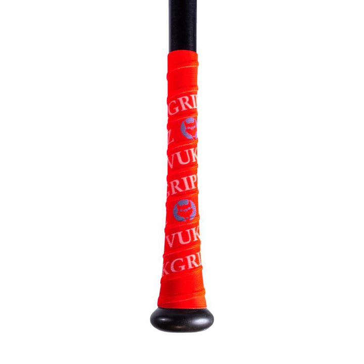A close-up of a bat showcasing VukGripz Bat Grip Tape by VukGripz for optimum grip.