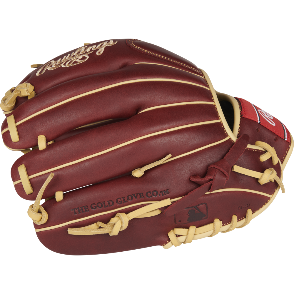 A maroon and tan Rawlings Sandlot 11.5" Baseball Glove (S1150IS) with "THE GOLD GLOVE CO." and MLB logo embossed on oiled leather, shown against a plain white background.