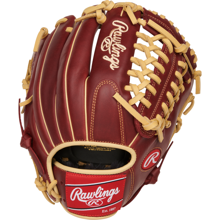 The Rawlings Sandlot 11.75" Baseball Glove: S1175MTS is a brown glove with tan laces, featuring the Rawlings logo on the palm and wrist strap, an oiled leather finish, detailed stitching, and open webbing seen from an angled view.