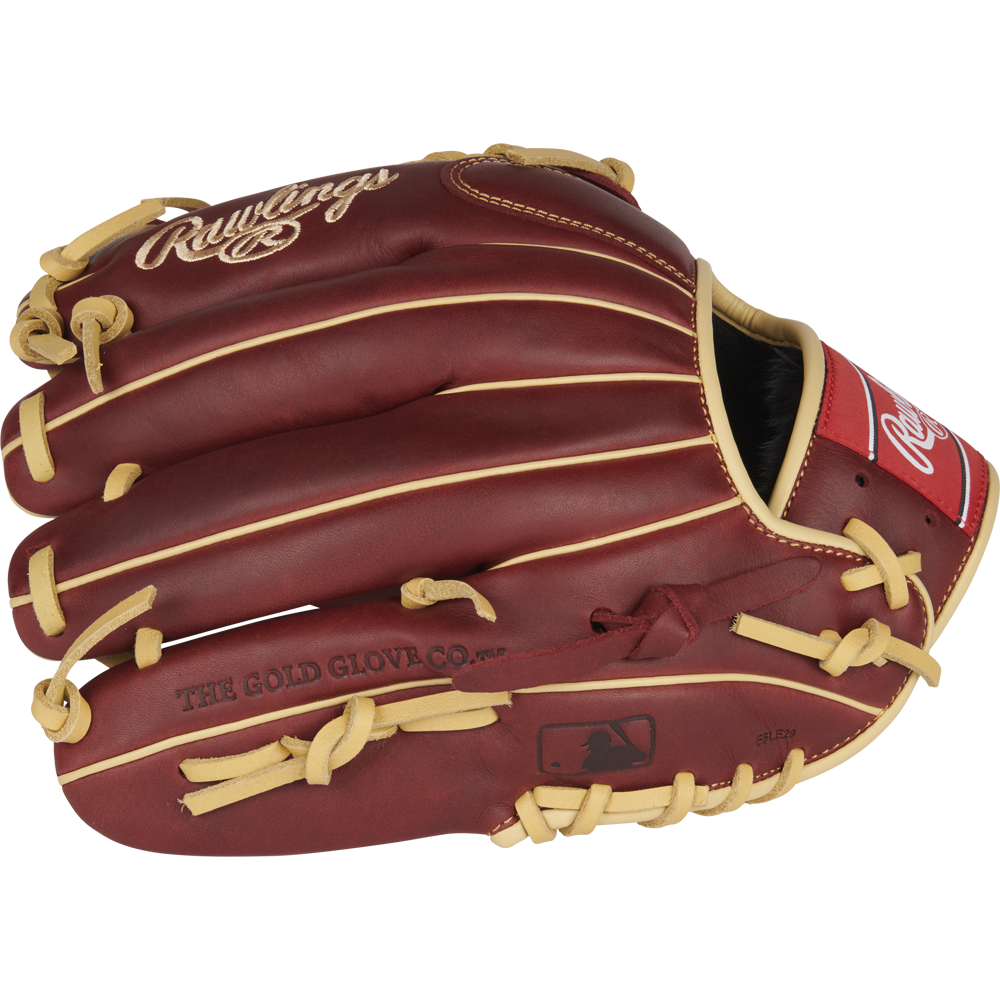 The Rawlings Sandlot 11.75" Baseball Glove (S1175MTS) features maroon oiled leather, tan laces, gold stitching, and THE GOLD GLOVE CO. plus MLB logos on the palm—a perfect infield glove from Rawlings.
