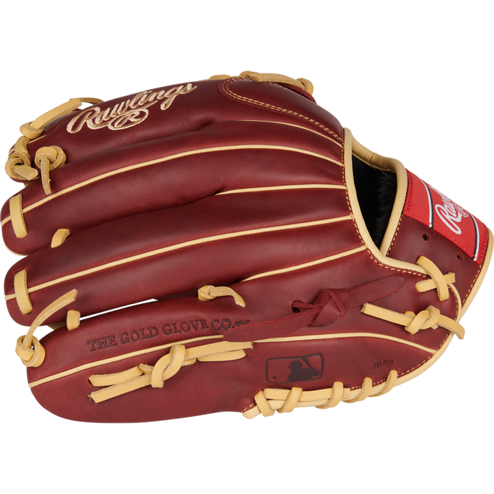 The Rawlings Sandlot 11.75" Baseball Glove (S1175MTS) features maroon oiled leather, tan laces, gold stitching, and THE GOLD GLOVE CO. plus MLB logos on the palm—a perfect infield glove from Rawlings.
